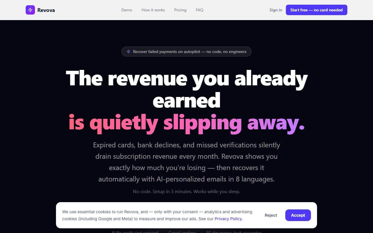 Screenshot of the Revova website